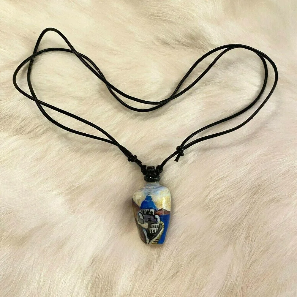 Vtg Shell Hand Painted‎ Necklace Light House Sea Shore Beach Adjustable 5206